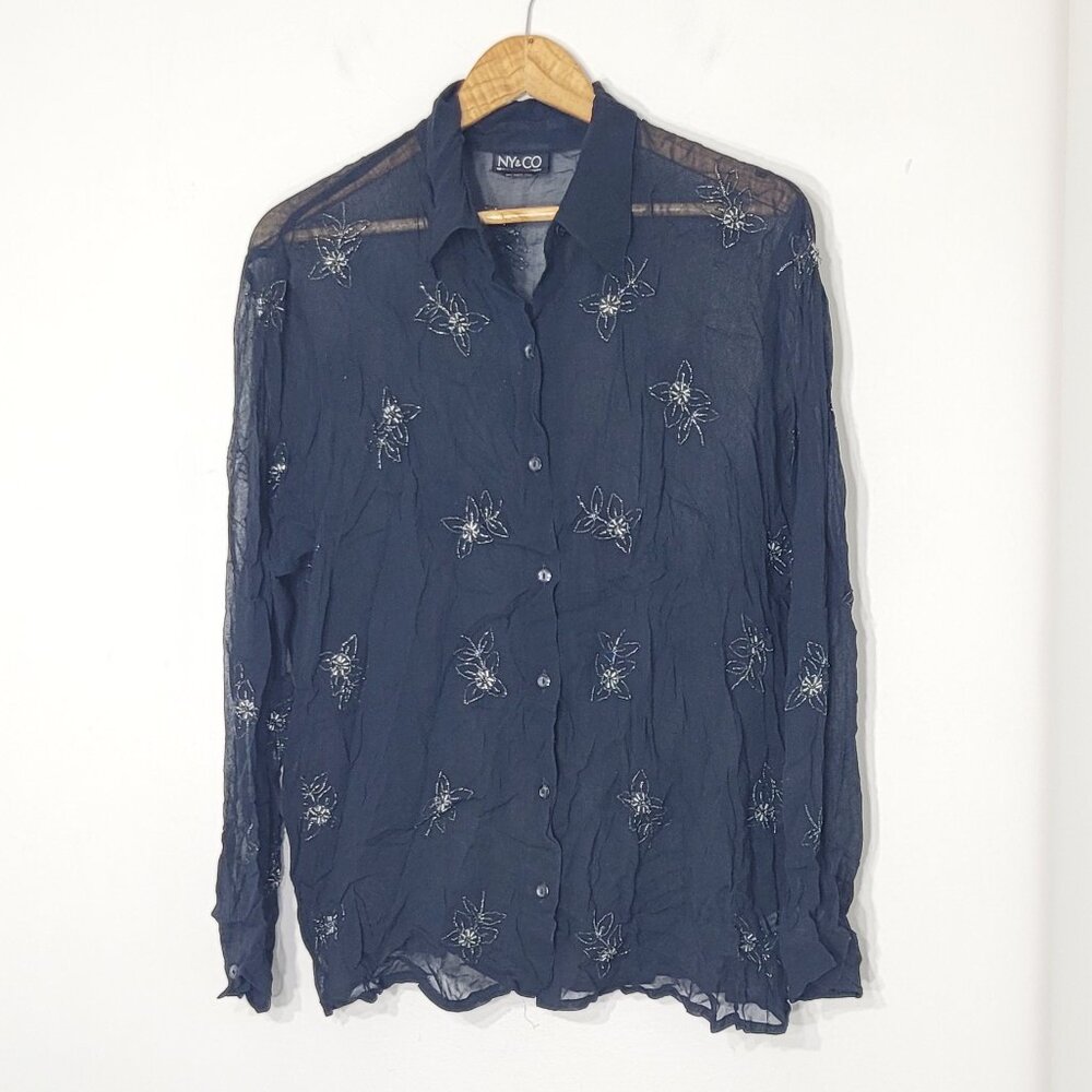 New York & Company Black Sheer White Embroidered Button Down Blouse  Business XL